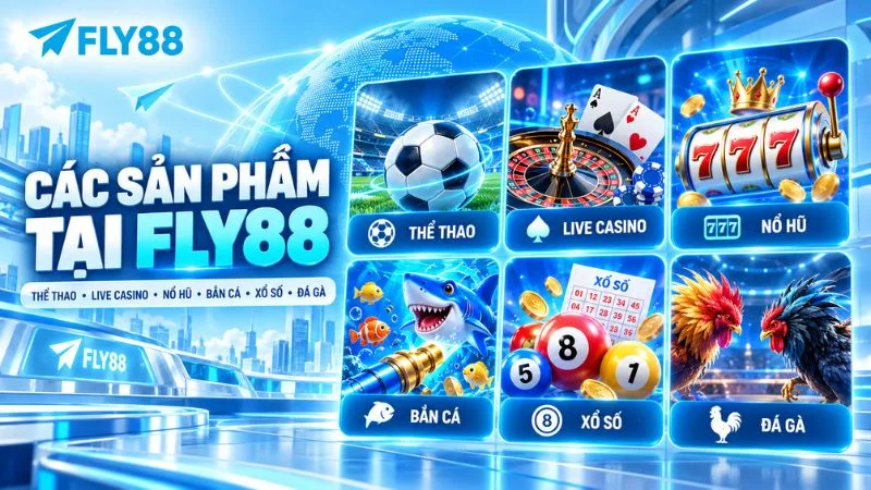 Các sản phẩm tại FLY88 gồm thể thao, casino, nổ hũ, bắn cá, xổ số và đá gà